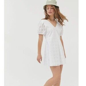Urban Outfitters White Cotton Eyelet Floral Puff Sleeve Short Dress